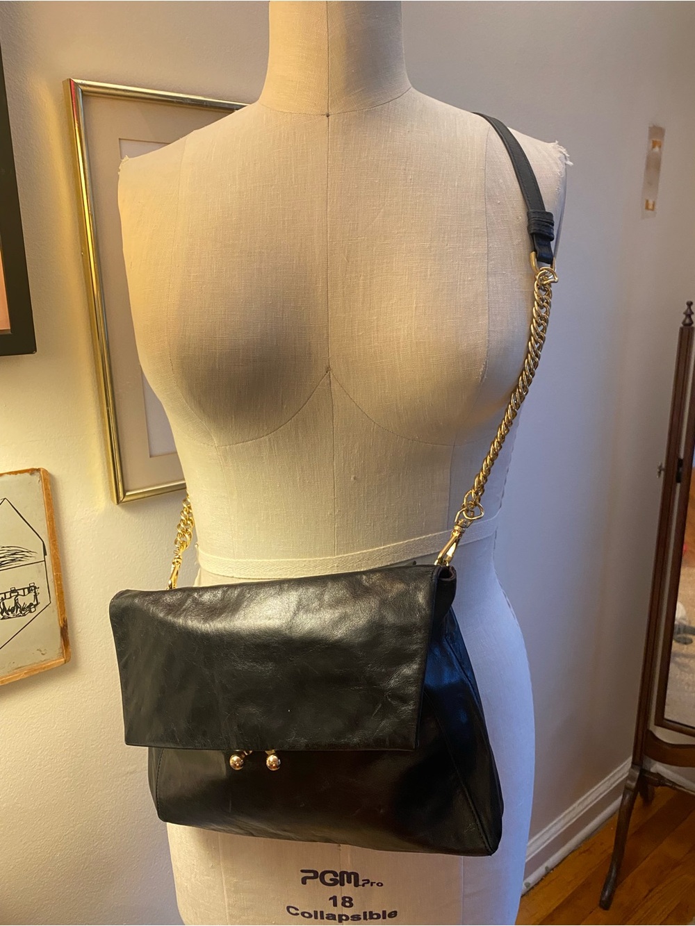 Etienne Aigner Black Leather Crossbody with Gold Chain
